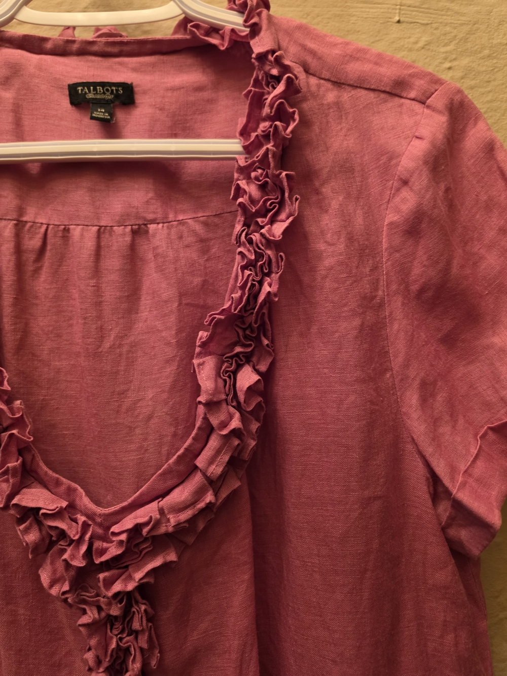 Talbots Pure Linen Pink Ruffle Neck Blouse Size 14 - Picture 8 of 11